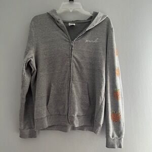 PINK Victoria's Secret Grey Zip Up Hoodie Rhinestone Peach‎ Sleeve Detail Size L